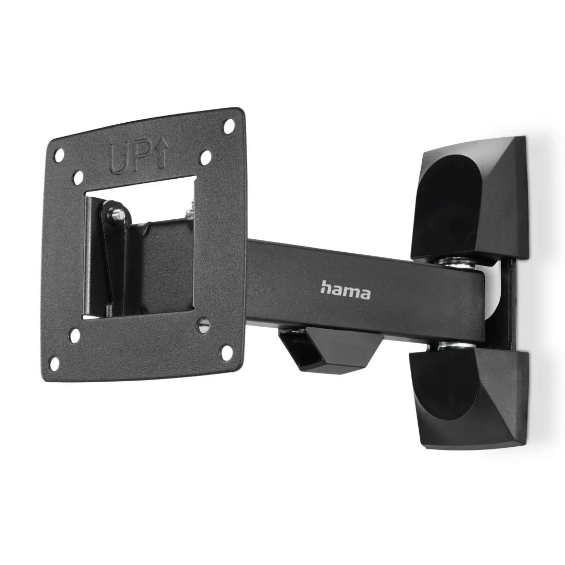 Zwarte Hama verstelbare wandbeugel voor een tv of monitor, met VESA-plaat en kantel-/zwenkarм.