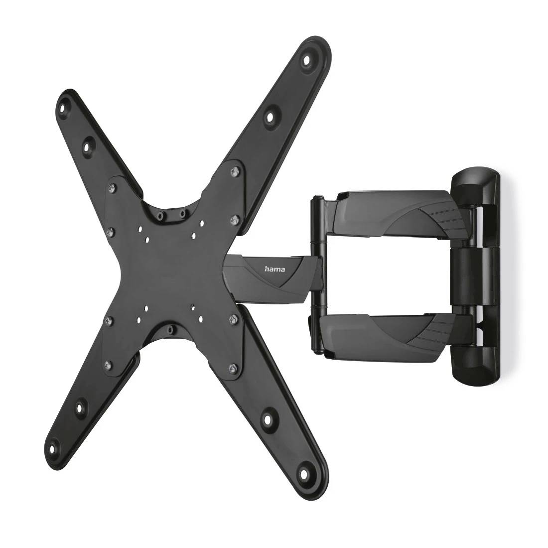 Zwart verstelbaar wandmontage-tv-beugel met X-vormige VESA-plaat en uitschuifbare zwaaiarm, getoond op een witte achtergrond.