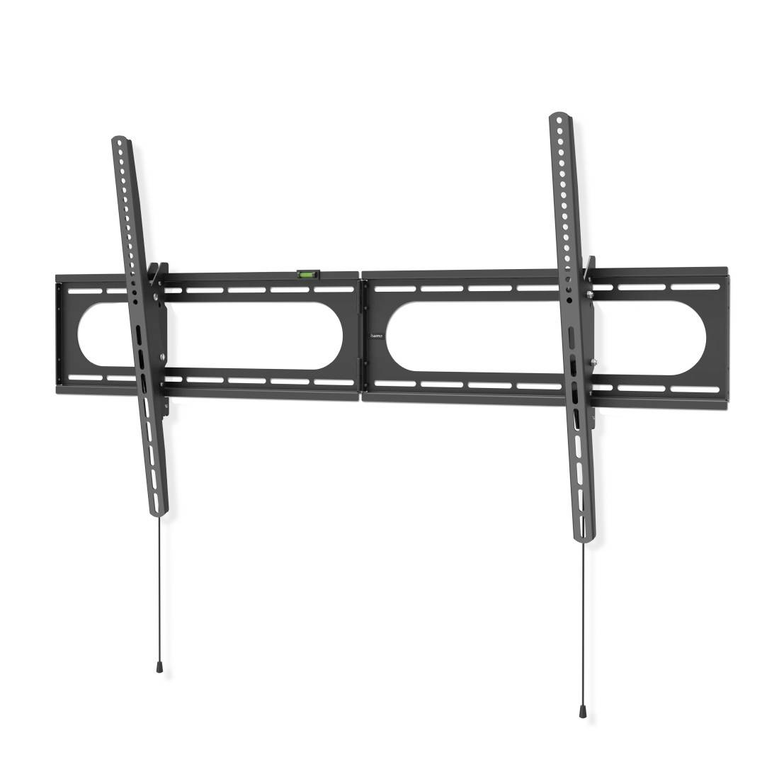 Muurbeugel voor flatscreen-tv met twee verstelbare verticale armen en trekkabels voor het losmaken van de tv.