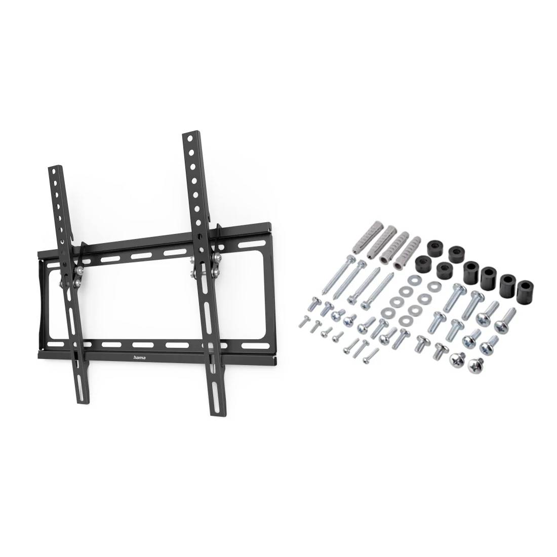 Aan de muur bevestigde TV-beugel met verstelbare armen, weergegeven met assortiment schroeven, ankers, ringen en afstandshouders voor installatie.