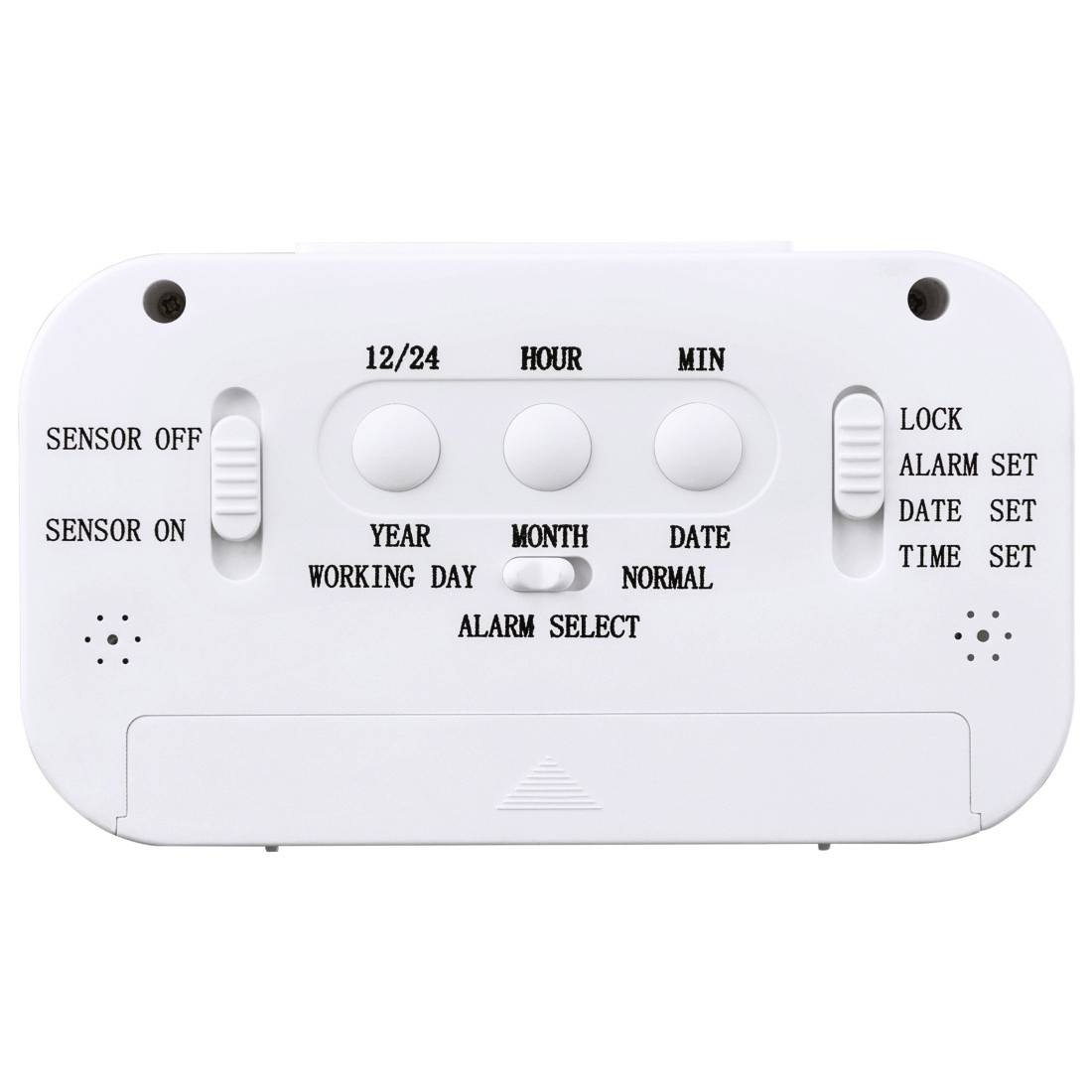 Achterkant van een digitale wekker met bedieningselementen voor sensor aan/uit, alarm/datum/tijd instellen, en 12/24-uurs-, jaar-, maand-, datum- en uur/min-instellingen.