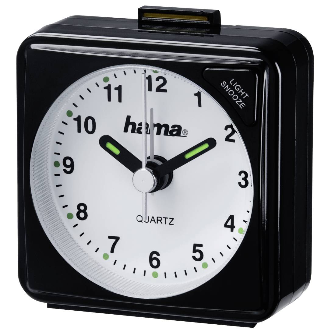 Zwart analoog kwarts wekkerradio met wit wijzerblaat, met het Hama-logo en een klein 'light snooze'-label bovenop.