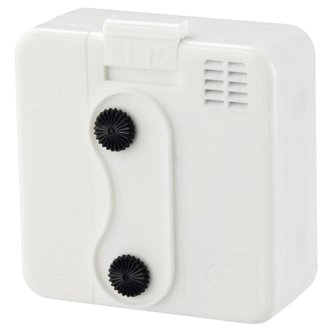 Wit plastic aan de muur bevestigd apparaat met twee zwarte regelknoppen en kleine ventilatiesleuven, weergegeven op een eenvoudige achtergrond.