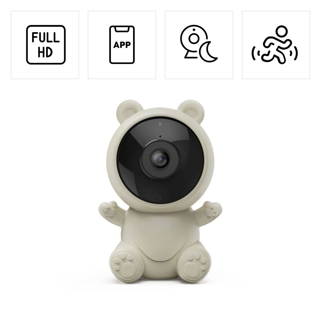 Witte beervormige beveiligingscamera met Full HD, app-bediening, nachtzicht en bewegingsdetectie pictogrammen erboven.