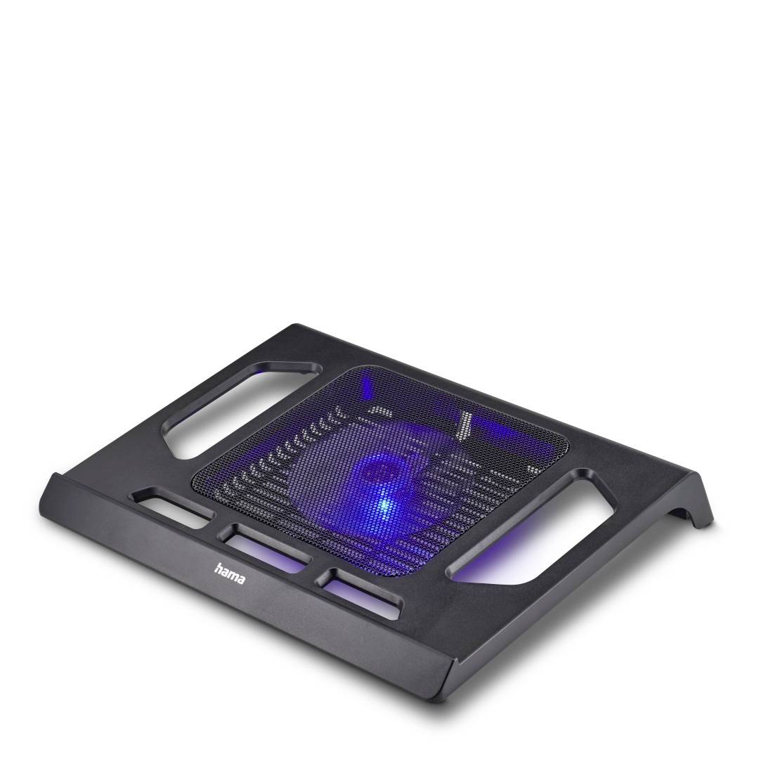 Zwart laptopkoelingspad met blauw verlicht ventilator en twee grijphandvaten op een witte achtergrond.