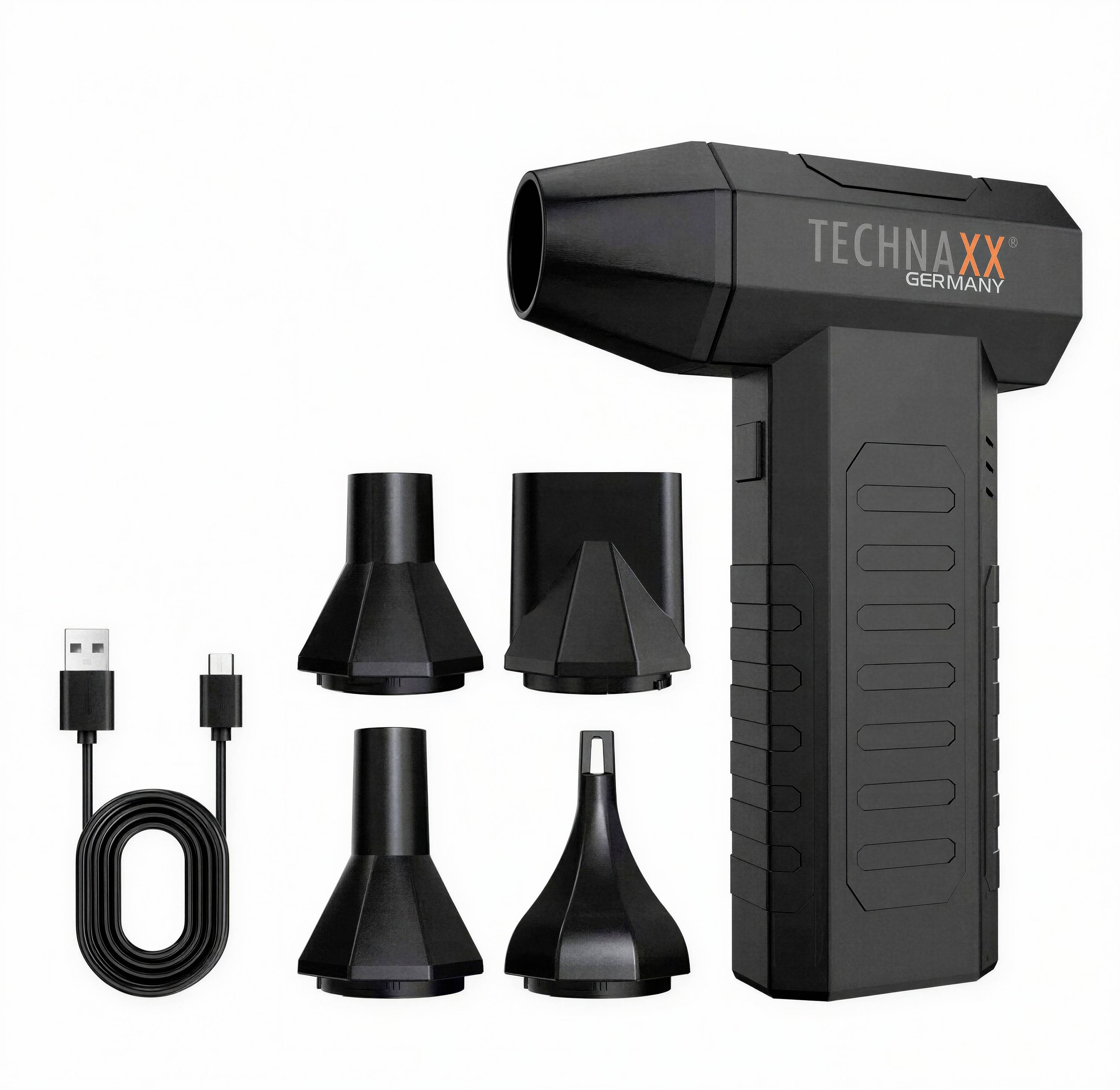 Zwarte TECHNAXX Duitsland handheld elektrische luchtblazer met vier sproeikoppenaufsätze en USB-oplaadkabel op een witte achtergrond.