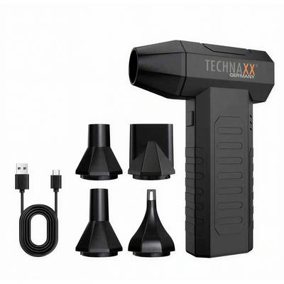 Zwarte TECHNAXX Duitsland handheld elektrische luchtblazer met vier sproeikoppenaufsätze en USB-oplaadkabel op een witte achtergrond.