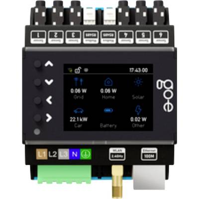 Zwarte energiemeter en energiebeheersingapparaat met digitaal scherm met aflezingen voor Grid, Home, Solar, Car, Battery en Other en bedieningsknoppen.