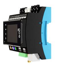 Zwart en blauw industrieel elektronisch controlemodule met een klein display, knoppen, aansluitingen en bedradingspoorten.