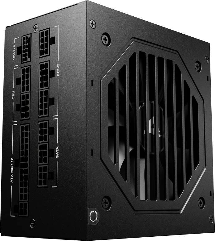Zwart computervoedingapparaat met modulaire kabelpoorten en voorgrille voor koelventilator.