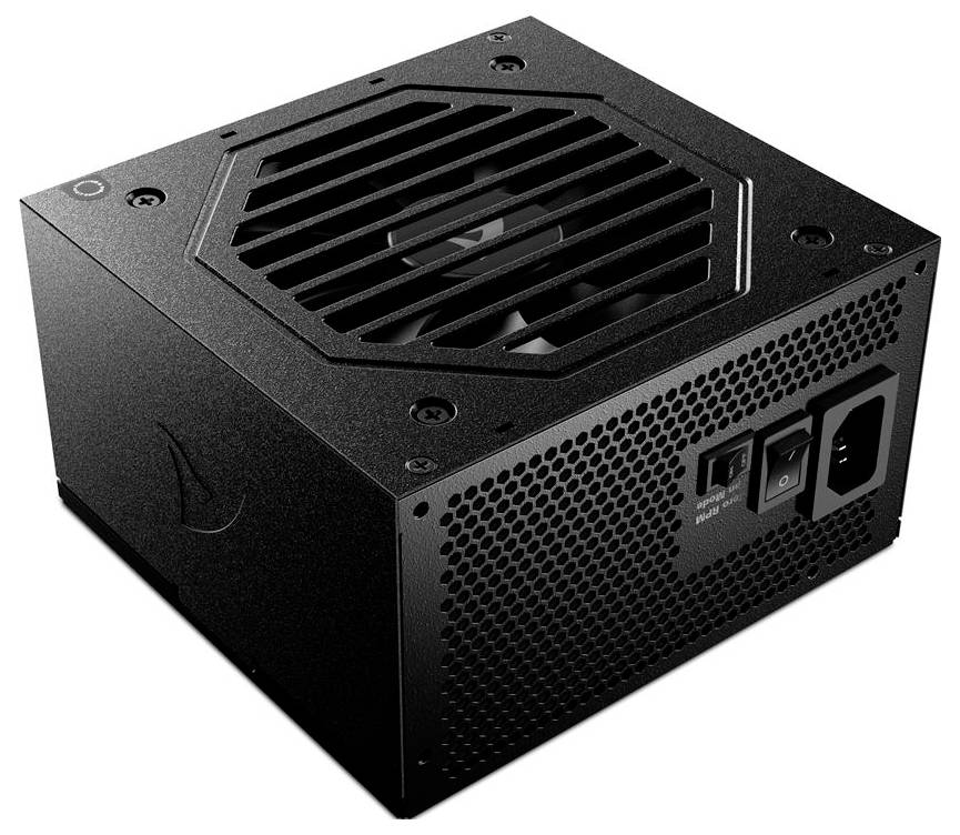 Zwarte computervoedingseenheid met bovenste ventilatorrooster en achterkant wisselstroomschakelaar en -aansluiting