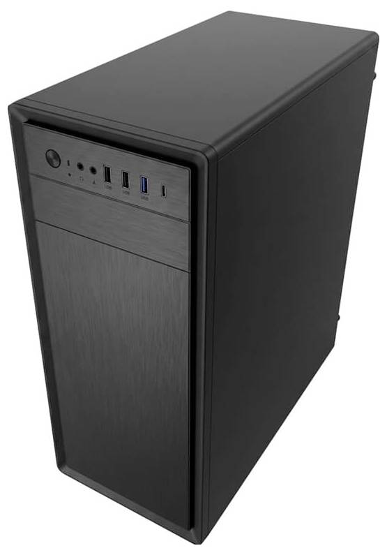 Zwarte desktopcomputertorenkast onder een hoek weergegeven, met zichtbare voorkant aan/uit-knop en USB-poorten.