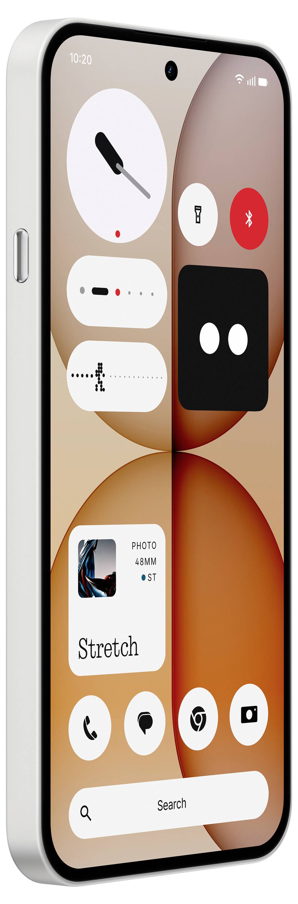 Een startscherm van een smartphone met de 'Stretch' fotoapp-widget en verschillende ronde app-pictogrammen op een beige en oranje abstract behang.