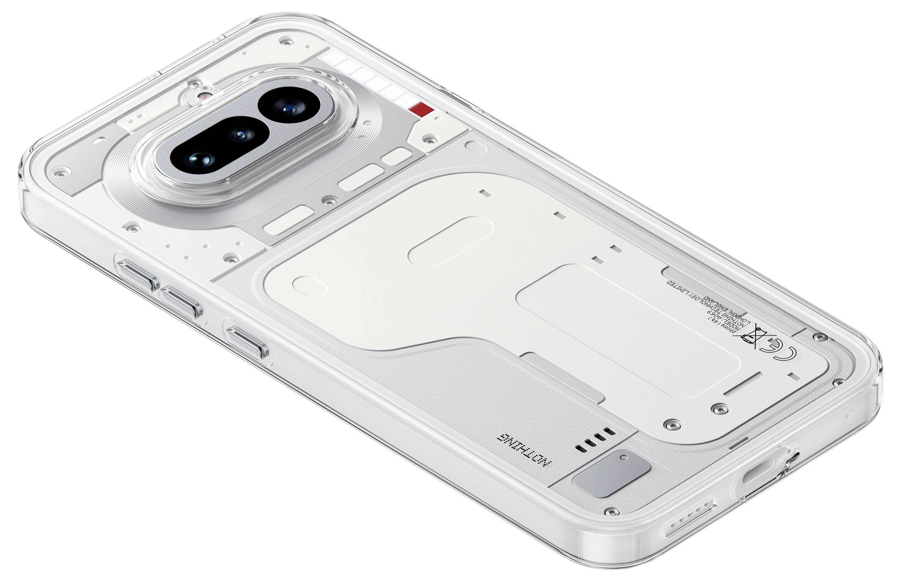 Transparante telefoonhoesje waarin de achterkant van een smartphone met een dual-cameramodule en interne componenten zichtbaar zijn door het heldere ontwerp.