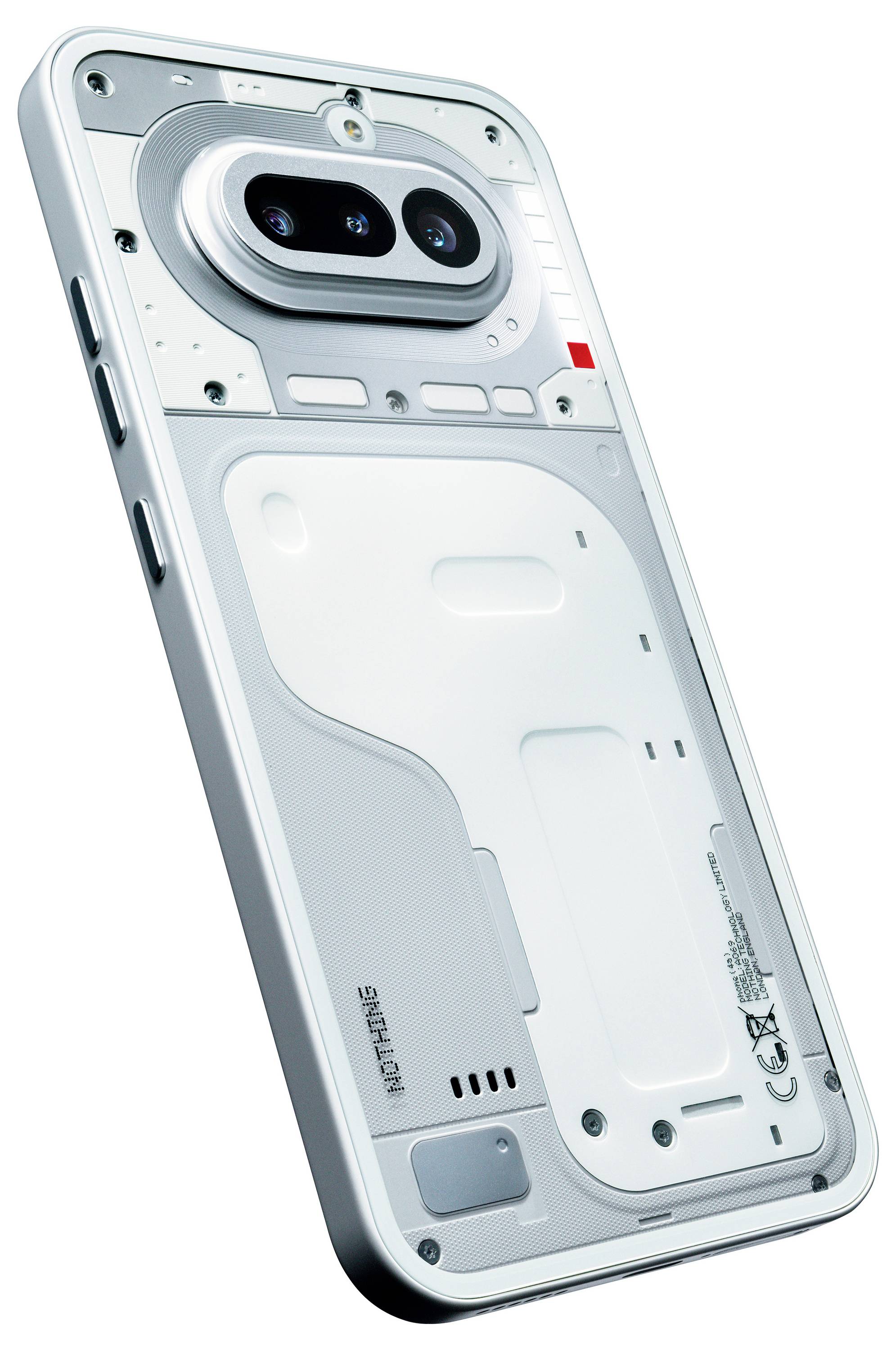 Achterkant van een witte smartphone met transparant ontwerp, met dubbele achteracamera's en interne componenten zichtbaar door de behuizing.