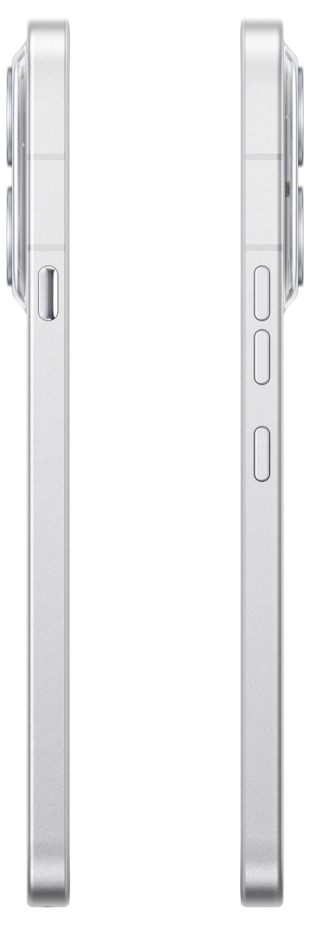 Voor- en achteraanzichten van een zilveren smartphone, met het slanke profiel, camerabult en zijknoppen.