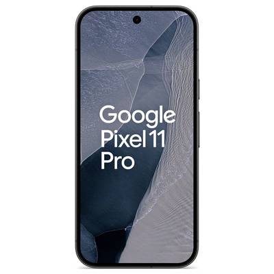 Google Pixel 11 Pro smartphone weergegeven van voren op een zwart scherm met gecentreerde punch-hole camera en abstract behangpatroon.