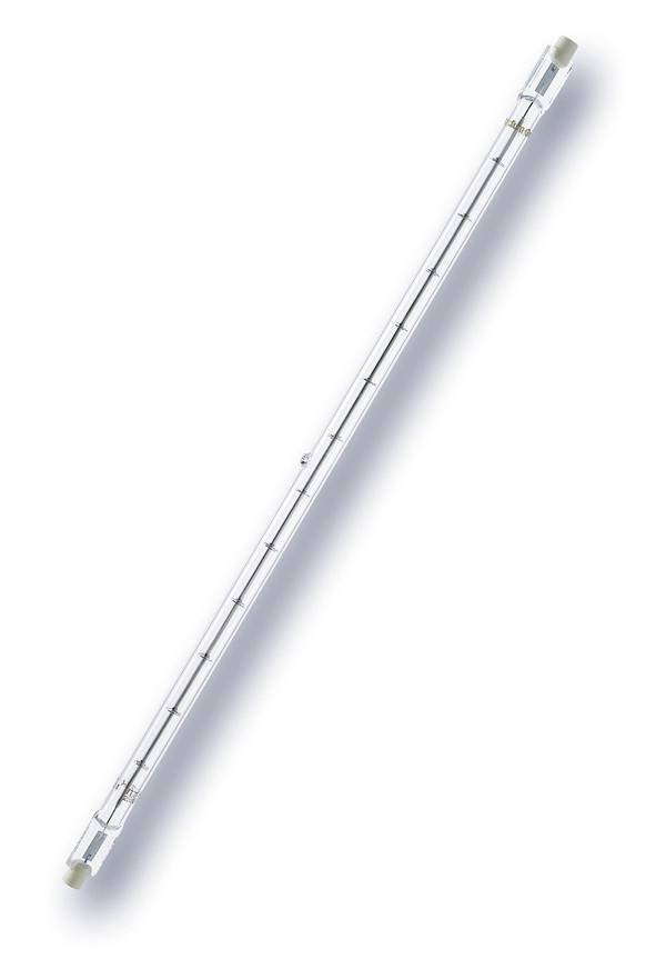 Transparante lineaire fluorescentie buislamp op een witte achtergrond.