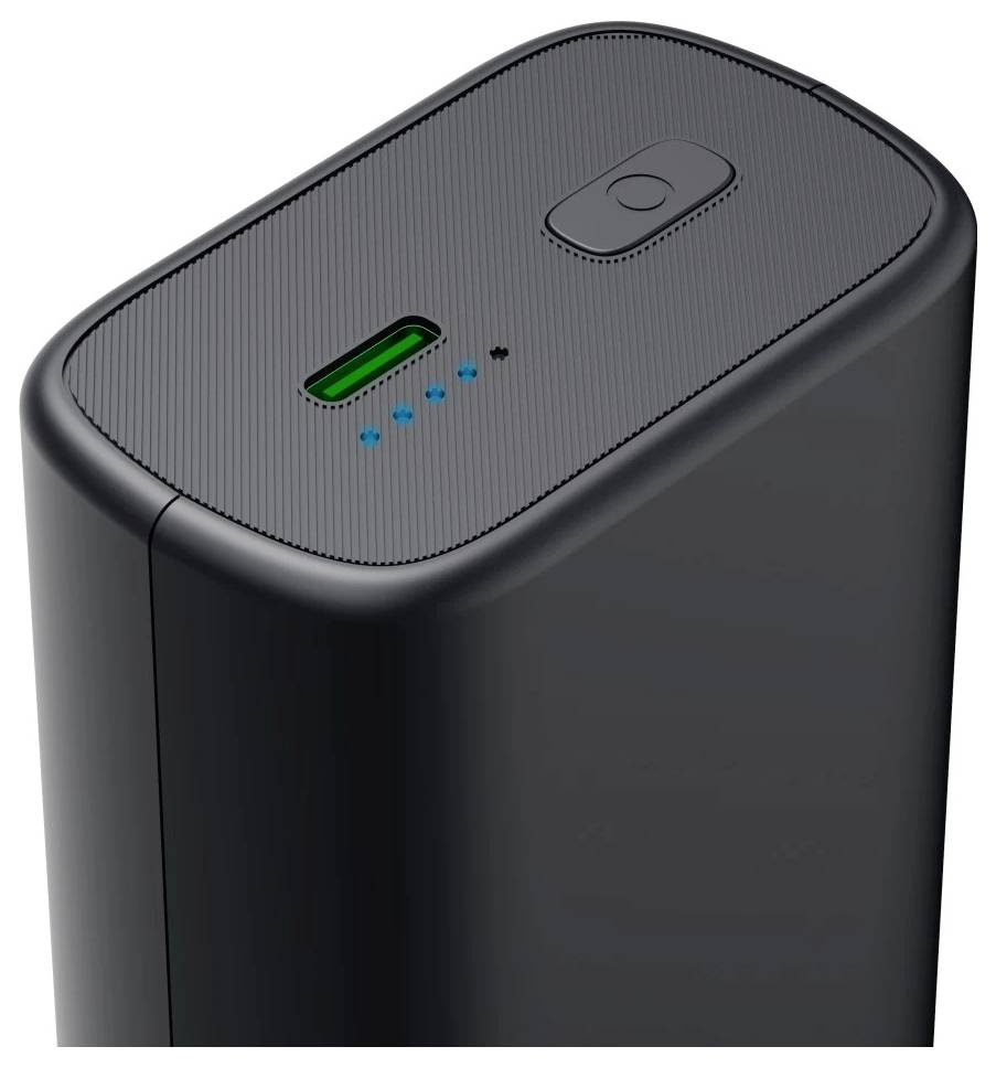 Zwart draagbaar elektronisch apparaat met een bovenop geplaatste aan/uit-knop, groen indicatielampje en vier blauwe LED's voor het batterijniveau.