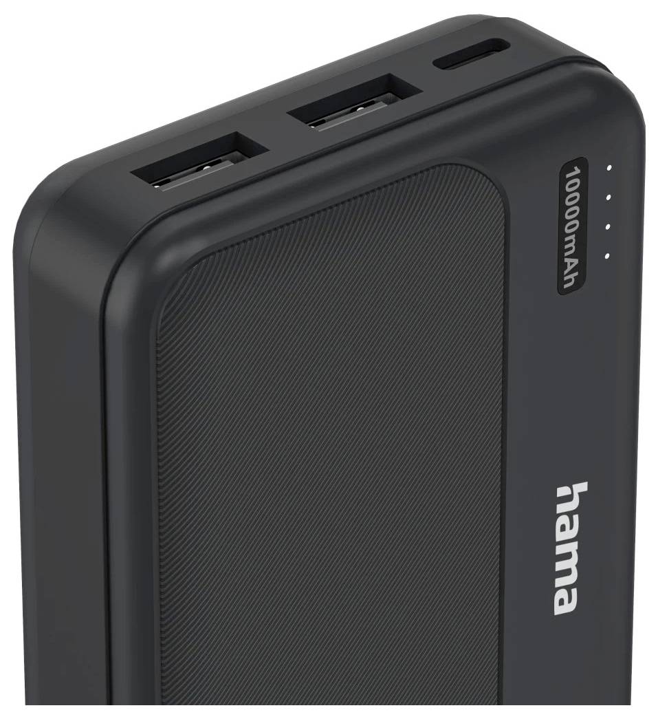 Zwarte Hama 10000mAh powerbank met twee USB-poorten en batterij-indicatorlampjes.