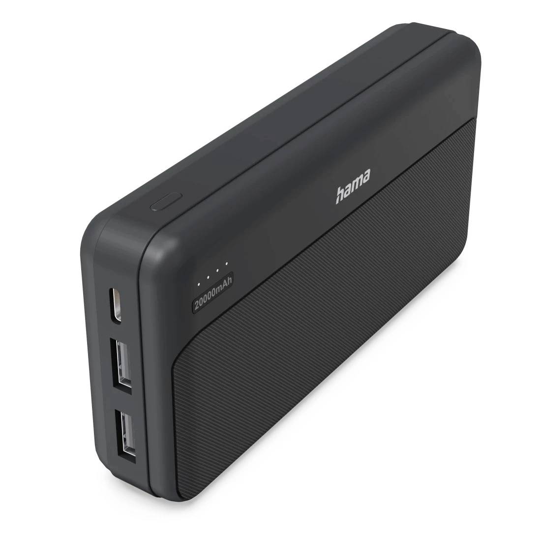 Zwarte Hama draagbare powerbank met USB-C en twee USB-A poorten en batterij-indicatorlampjes.