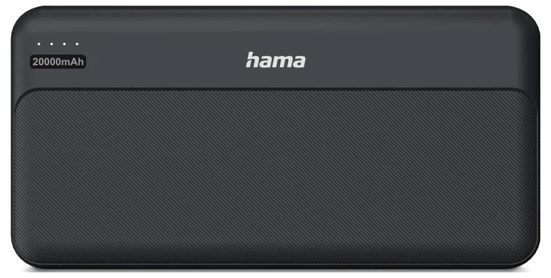 Zwarte Hama 20000mAh draagbare powerbank met vier LED-ladingindicatoren.