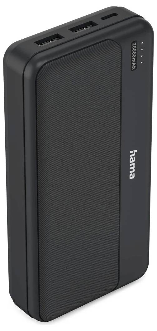 Zwarte Hama ZOOMANIA draagbare powerbank met twee USB-poorten en LED-batterijindicatoren aan de bovenkant.