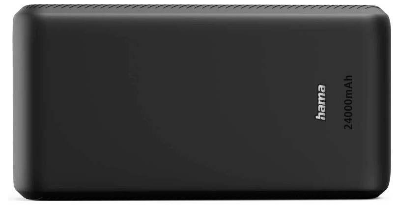 Zwarte draagbare powerbank met het label 'hama 24000mAh' op een witte achtergrond.