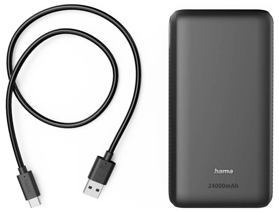 Zwarte USB-kabel naast een zwarte Hama 24000mAh powerbank op een witte achtergrond.