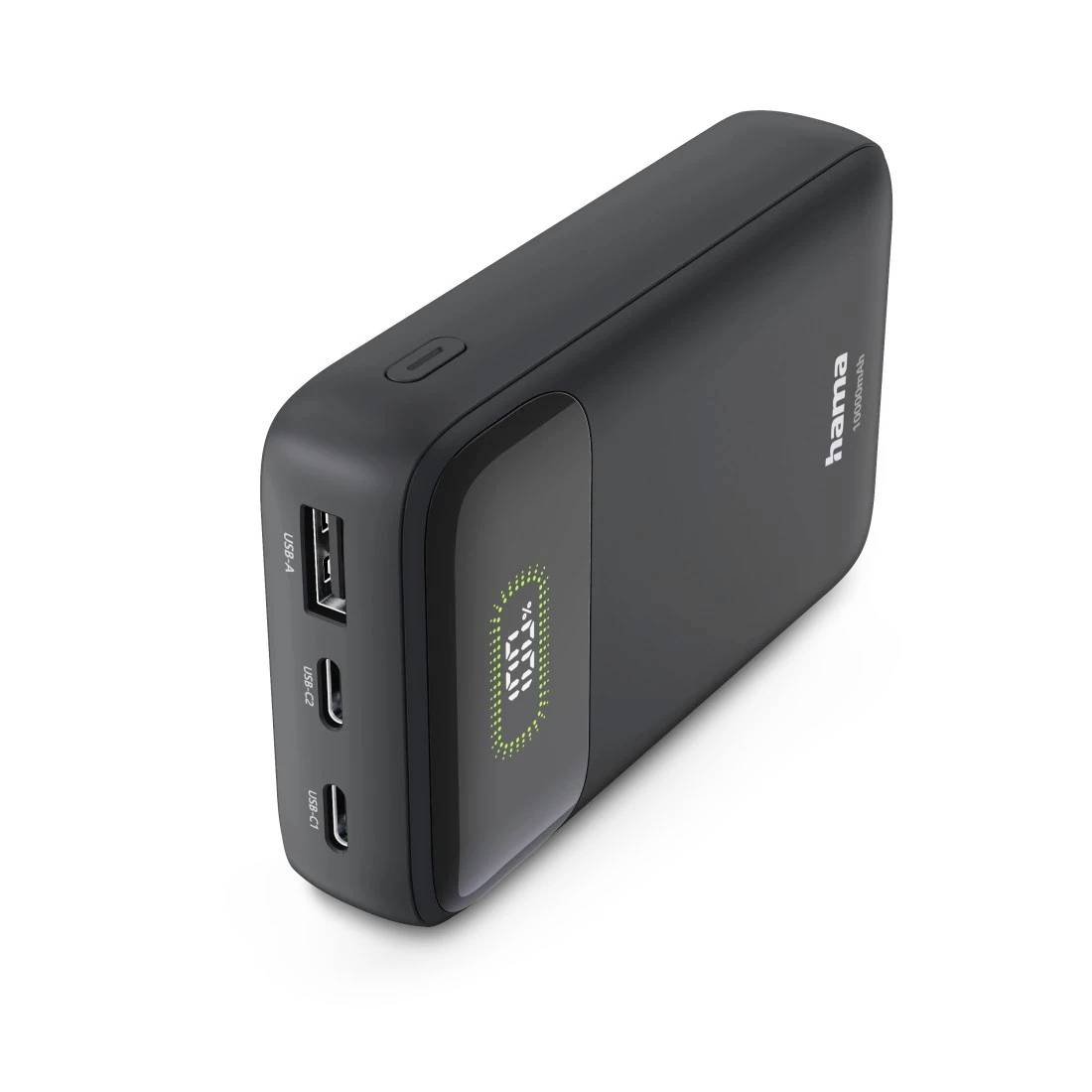 Zwarte Hama draagbare powerbank met USB-A en twee USB-C-poorten, met een digitale batterij-indicator aan de voorkant.