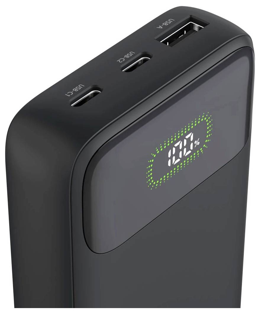 Zwarte powerbank met digitaal batterijscherm met 100% weergave en drie poorten gelabeld USB-C, USB-C en USB-A op de bovenkant.