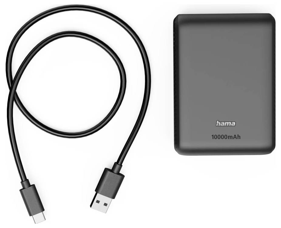 Zwarte USB-C-laadkabel en draagbare Hama-powerbank van 10000mAh tegen een witte achtergrond.
