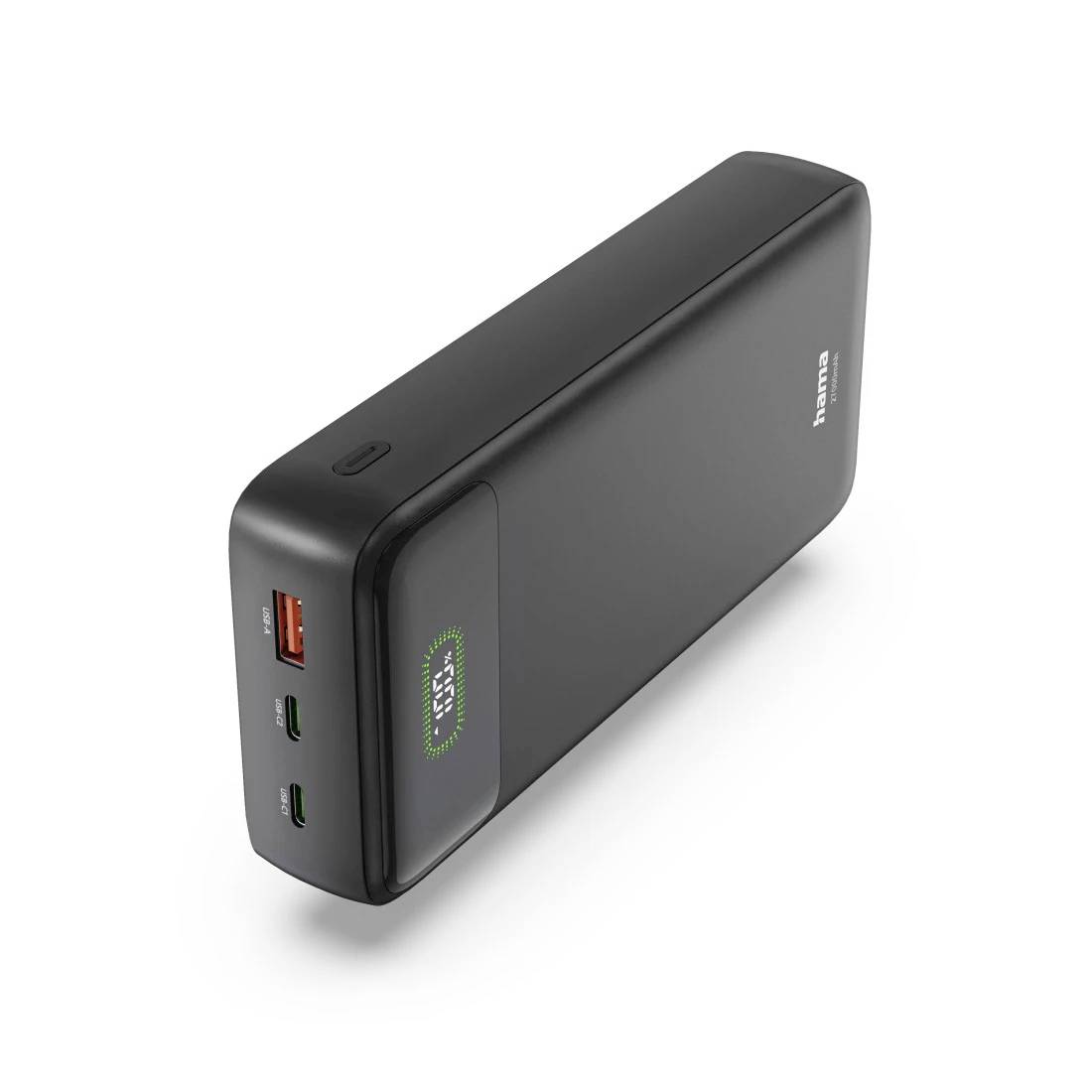 Zwarte rechthoekige draagbare powerbank met USB-A en twee USB-C poorten, weergegeven in een productstijlweergave op een witte achtergrond.