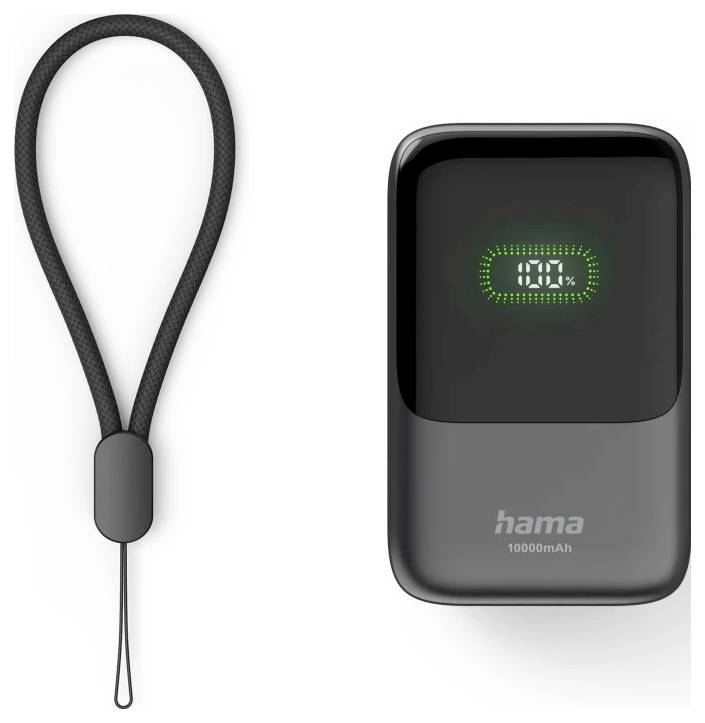 Draagbare Hama 10000mAh powerbank met digitaal laadscherm, getoond naast een zwart draagkoord.