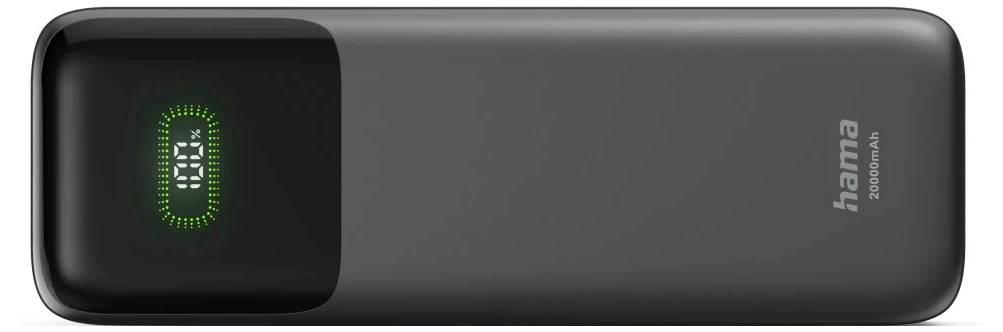 Grijze Hama draagbare powerbank met een zwart eindpaneel en een groene verlichte digitale batterijpercentagedisplay.