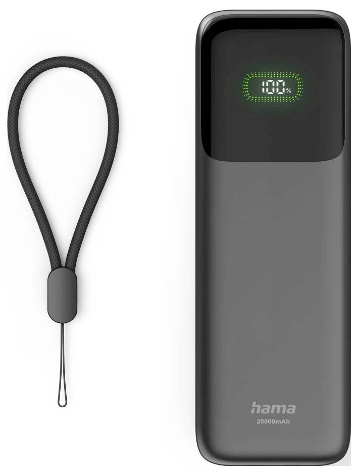 Draagbare Hama 20000mAh powerbank met digitaal batterijdisplay en afneembare polsband ernaast afgebeeld.