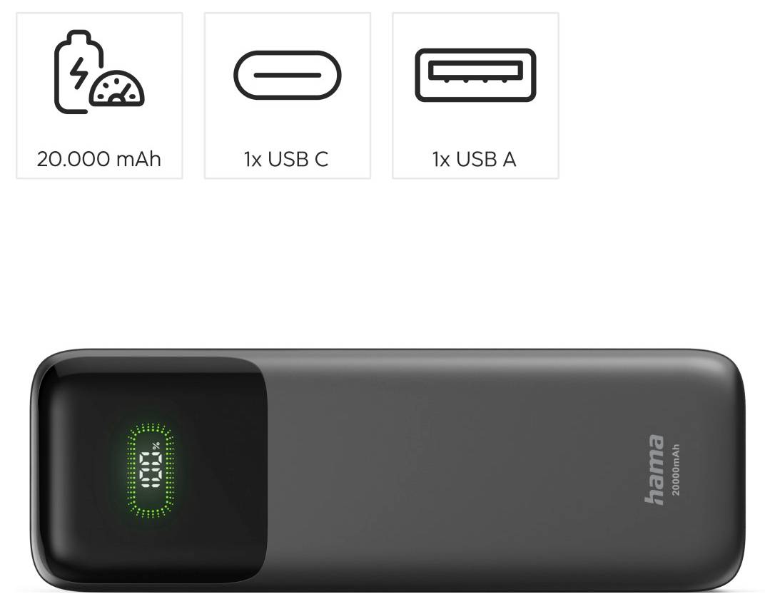20.000 mAh draagbare powerbank met 1 USB-C en 1 USB-A poort, weergegeven met batterijpictogram en ladingsindicatoren.