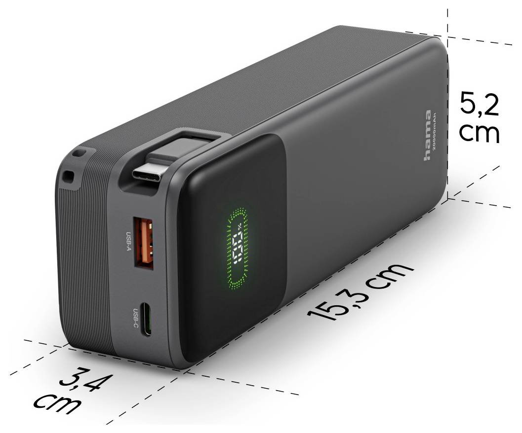 Compacte zwarte powerbank weergegeven met afmetingen van 15,3 cm lang, 5,2 cm hoog en 3,4 cm breed, met USB-C en USB-A poorten en een bandgreep.