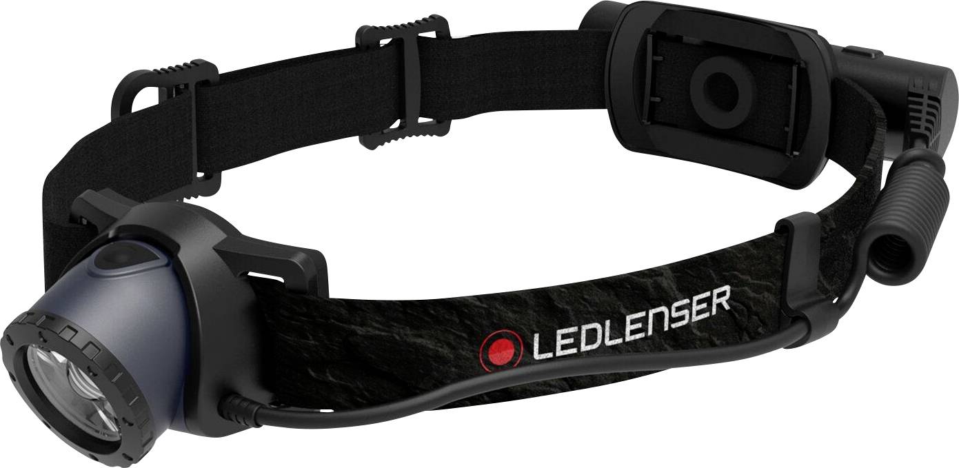 Zwarte Ledlenser hoofdlamp met verstelbare riem en voorzijde lichtunit weergegeven op een witte achtergrond.