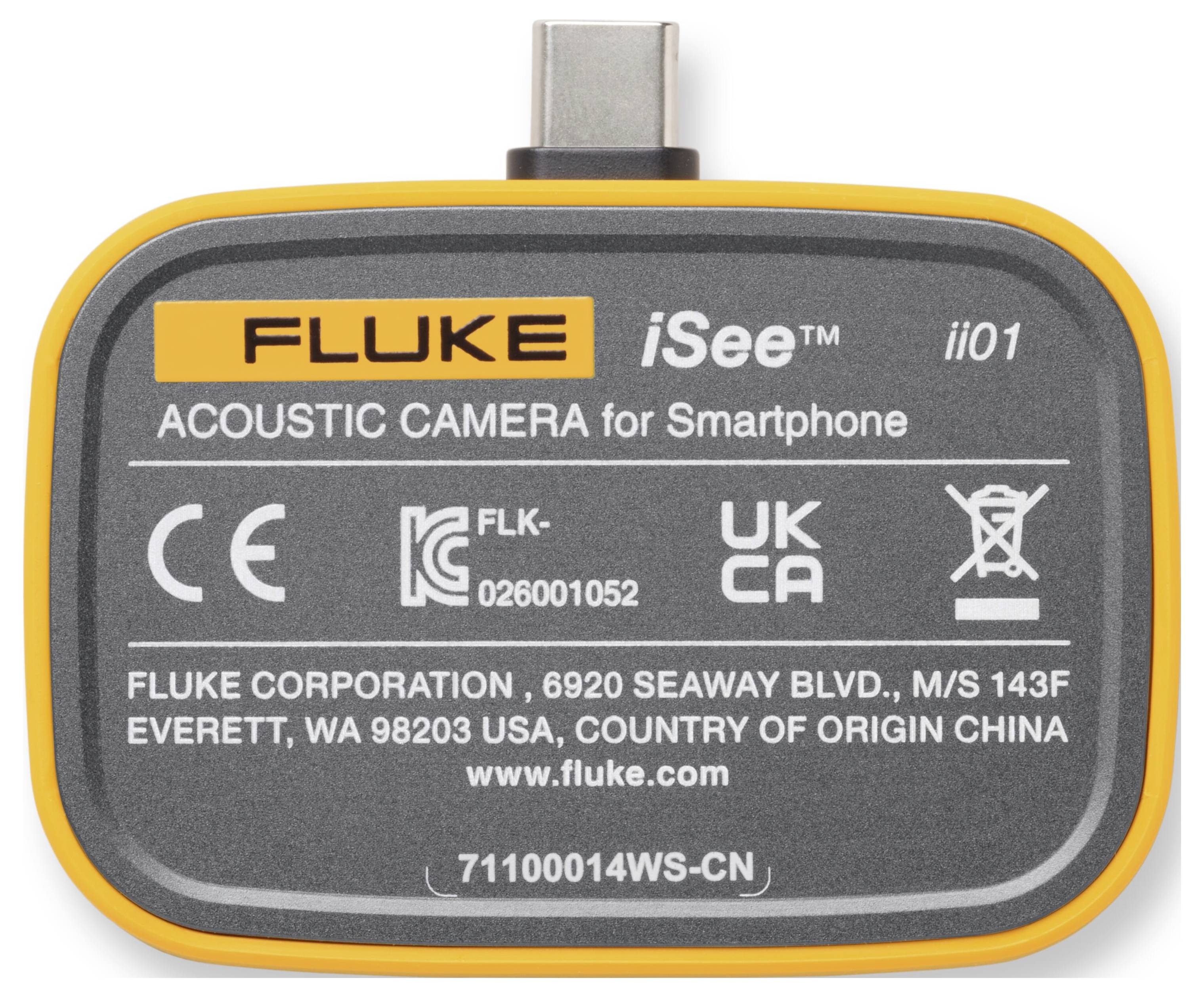 Fluke iSee ii01 akoestische camera voor smartphoneapparaat, vooraanzicht met USB-C-connector en productlabels.