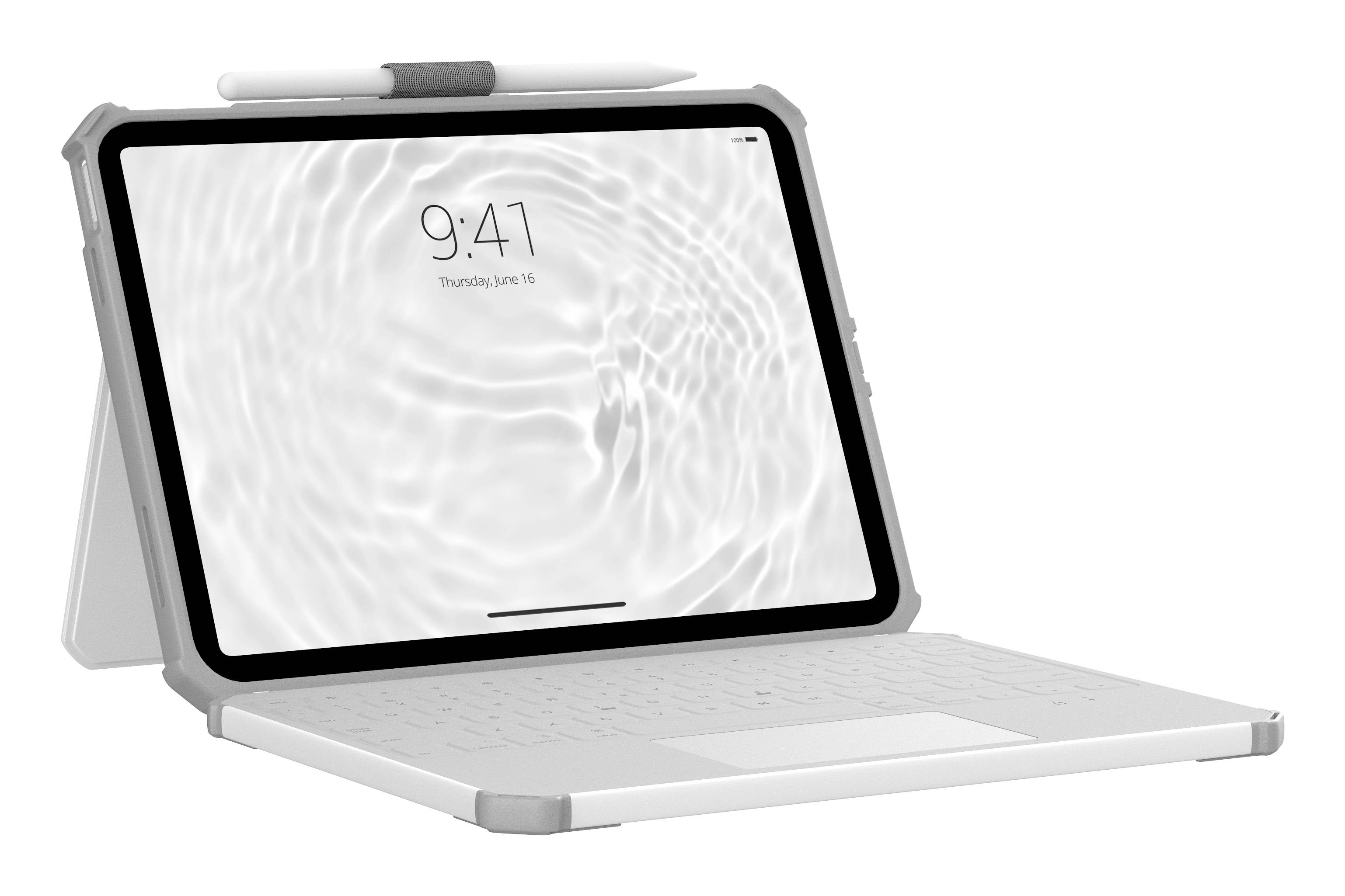 Witte tablet met toetsenbordhoes en stylus, open weergegeven op een standaard met een leeg vergrendelingsscherm dat 9:41 en donderdag 16 juni weergeeft.