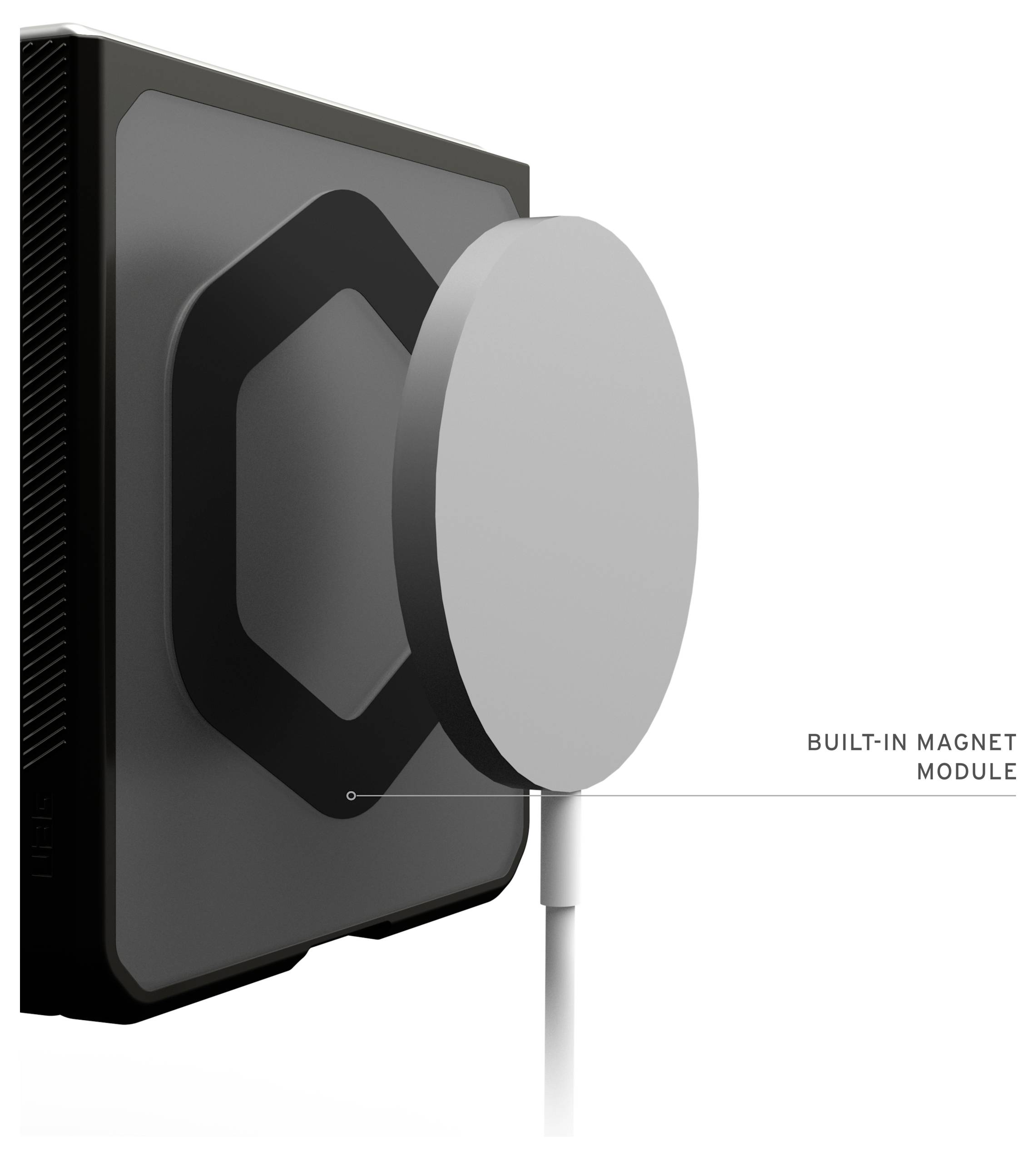 Zwart rechthoekig apparaat met een circulaire magnetische module en bijgevoegde kabel, gelabeld 'INGEBOUWDE MAGNETISCHE MODULE'.
