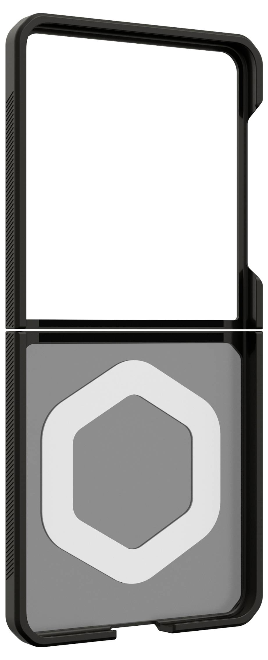 Zwart-grijze rechthoekige apparaat of koffer met een groot leeg wit displaygebied aan de bovenkant en een zeshoekig logo op het onderste paneel.