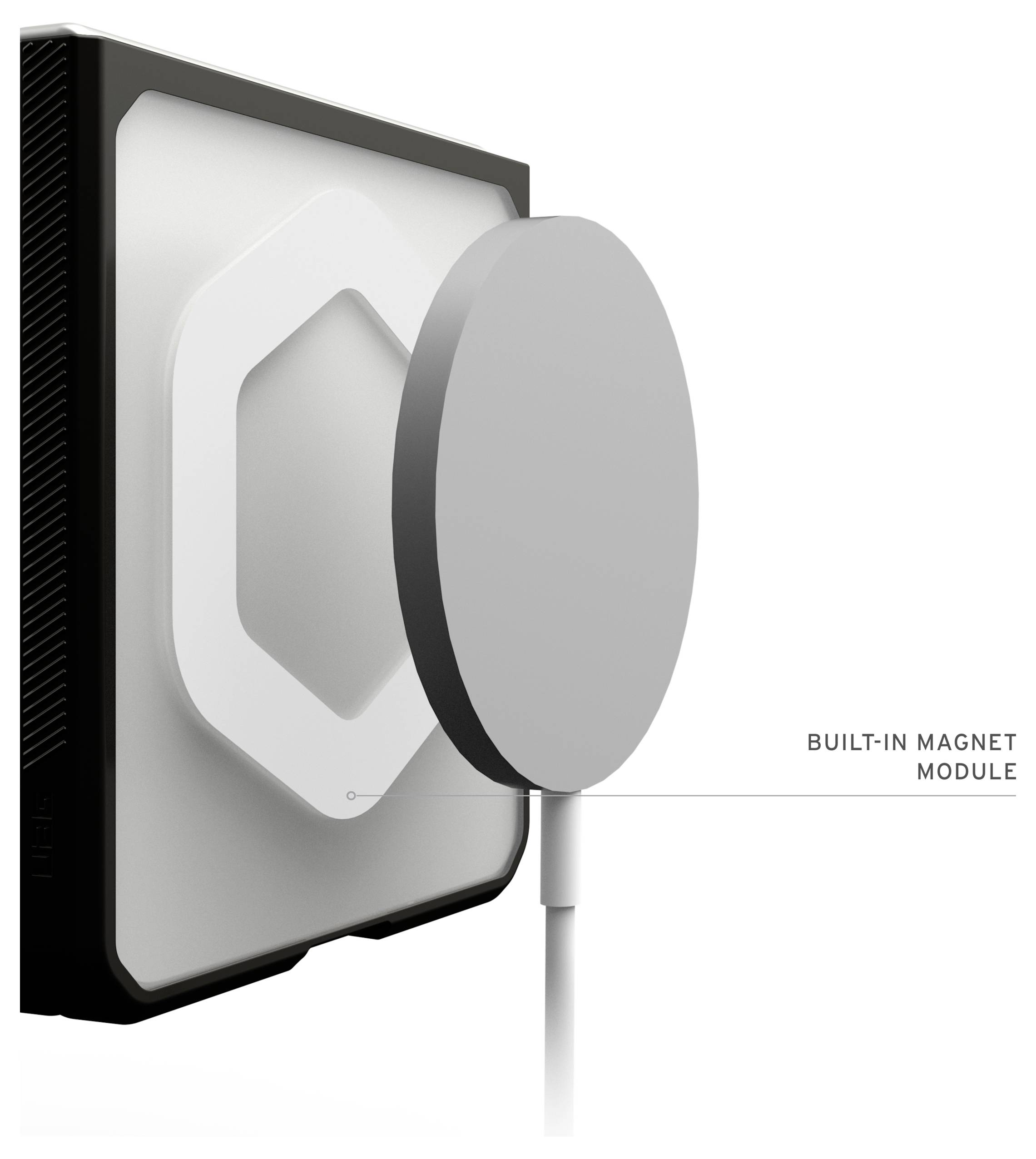 Gedetailleerde productafbeelding van een ingebouwde magnetische module met een ronde magnetische puck bevestigd aan een vierkant apparaat en kabel.