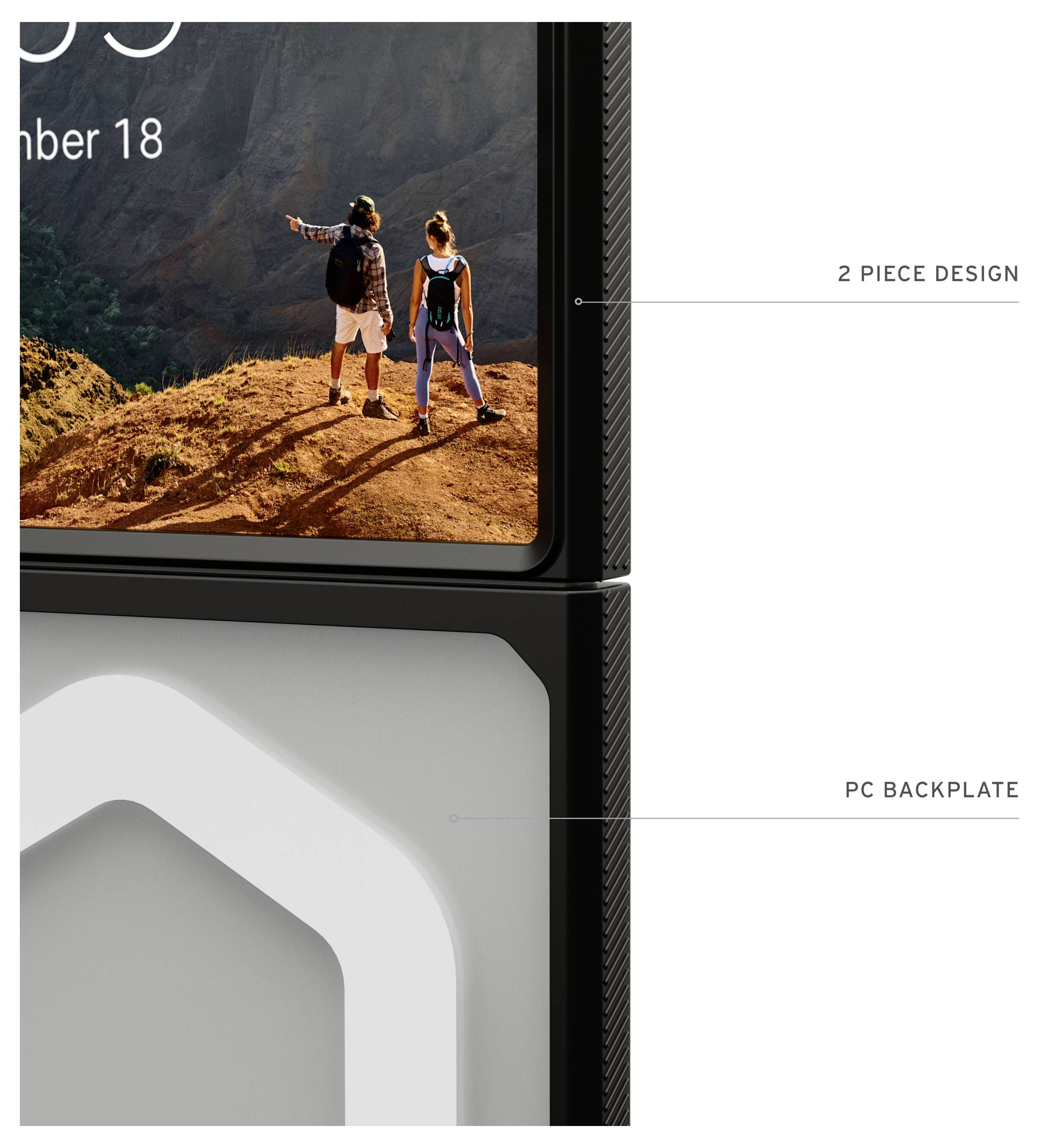 Close-up van een smartphonehoesje weergegeven in twee onderdelen, met labels '2 PIECE DESIGN' en 'PC BACKPLATE' die naar het telefoonframe en de achterkant wijzen.