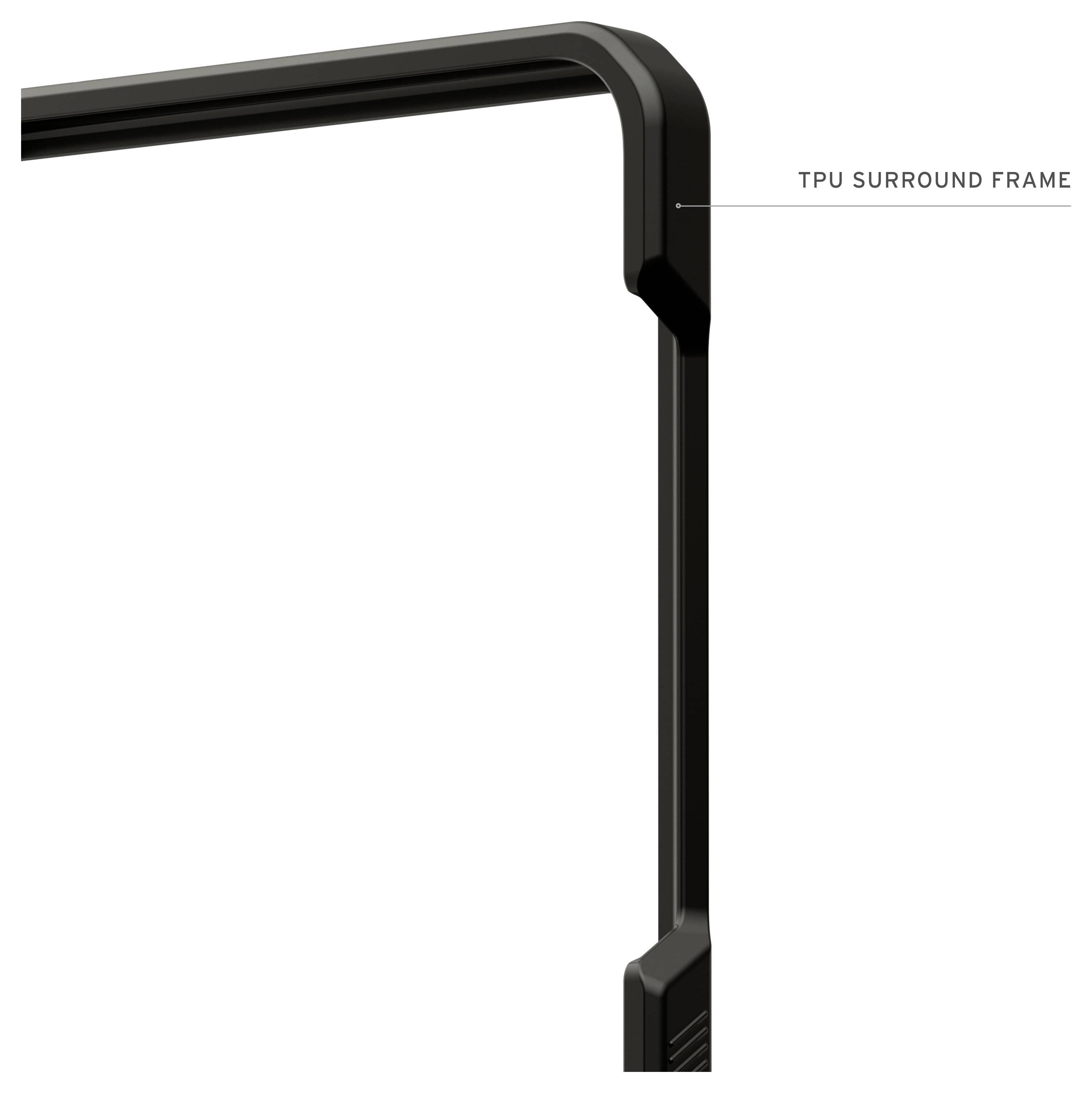 Close-up van een zwarte TPU-omlijstingsframe op een apparaathoek, gelabeld 'TPU-OMLIJSTINGSFRAME'.