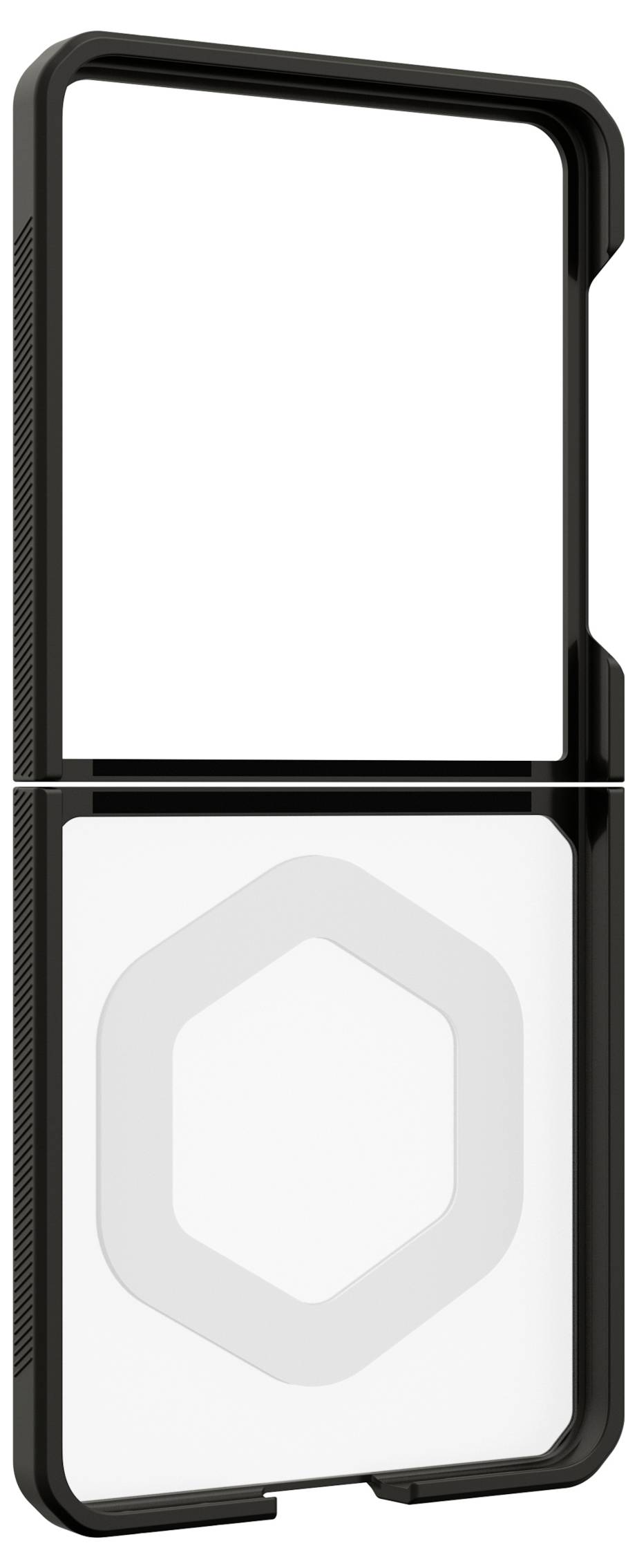 Een zwart smartphonehoes getoond van voren en van opzij, met een verheven zeshoekige MagSafe-stijl ring op de achterkant.