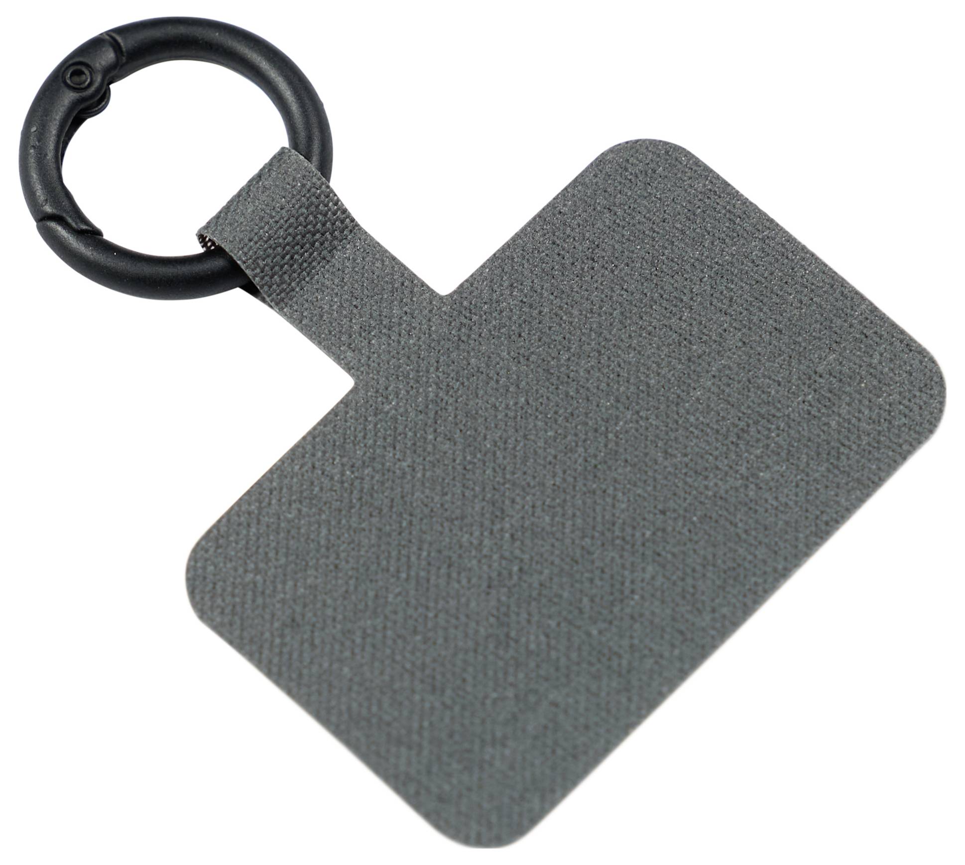 Grijze gestructureerde stof bagagelabel met zwarte lusband, weergegeven op een witte achtergrond.