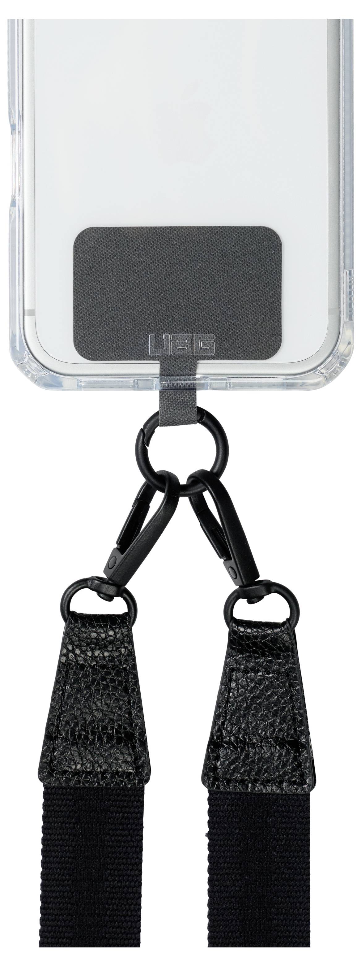Doorzichtig telefoonhoesje met een zwarte oplaadpoort-band en twee zwarte lanyard-lussen die onderaan hangen.