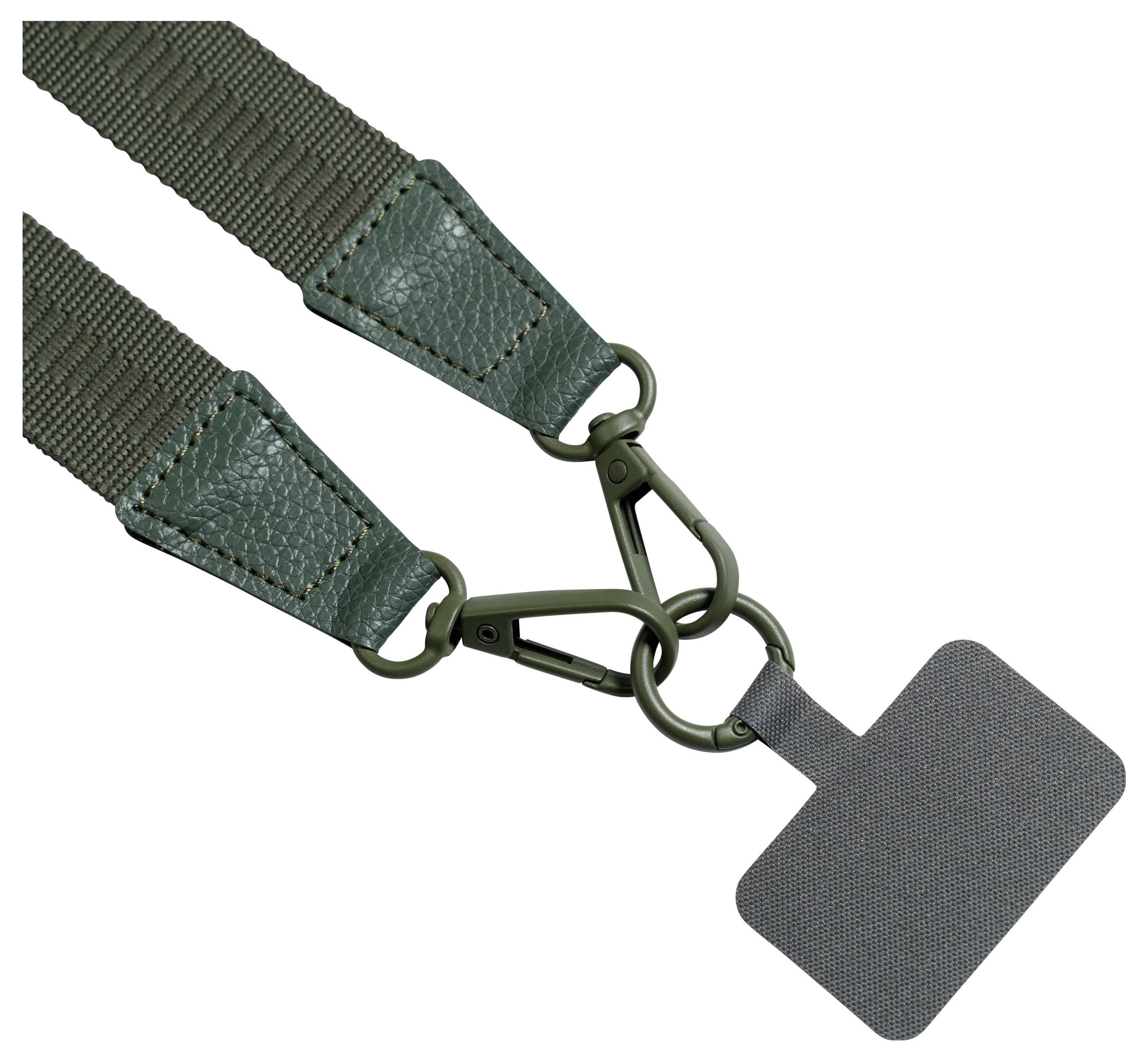 Groene bandlanyard met metalen clips en een grijsrechthoekig kaartje op een witte achtergrond.